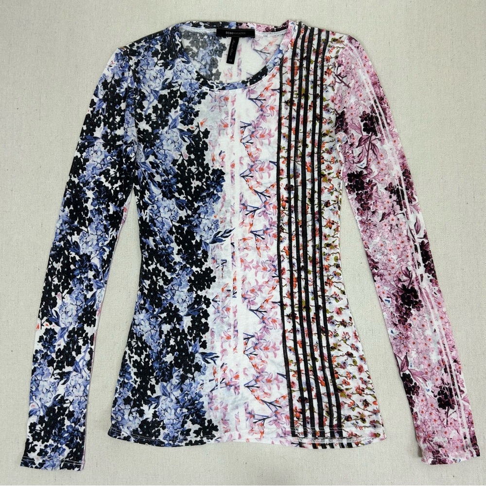 BCBGMaxAzria Blue Pink and Black Floral Blouse